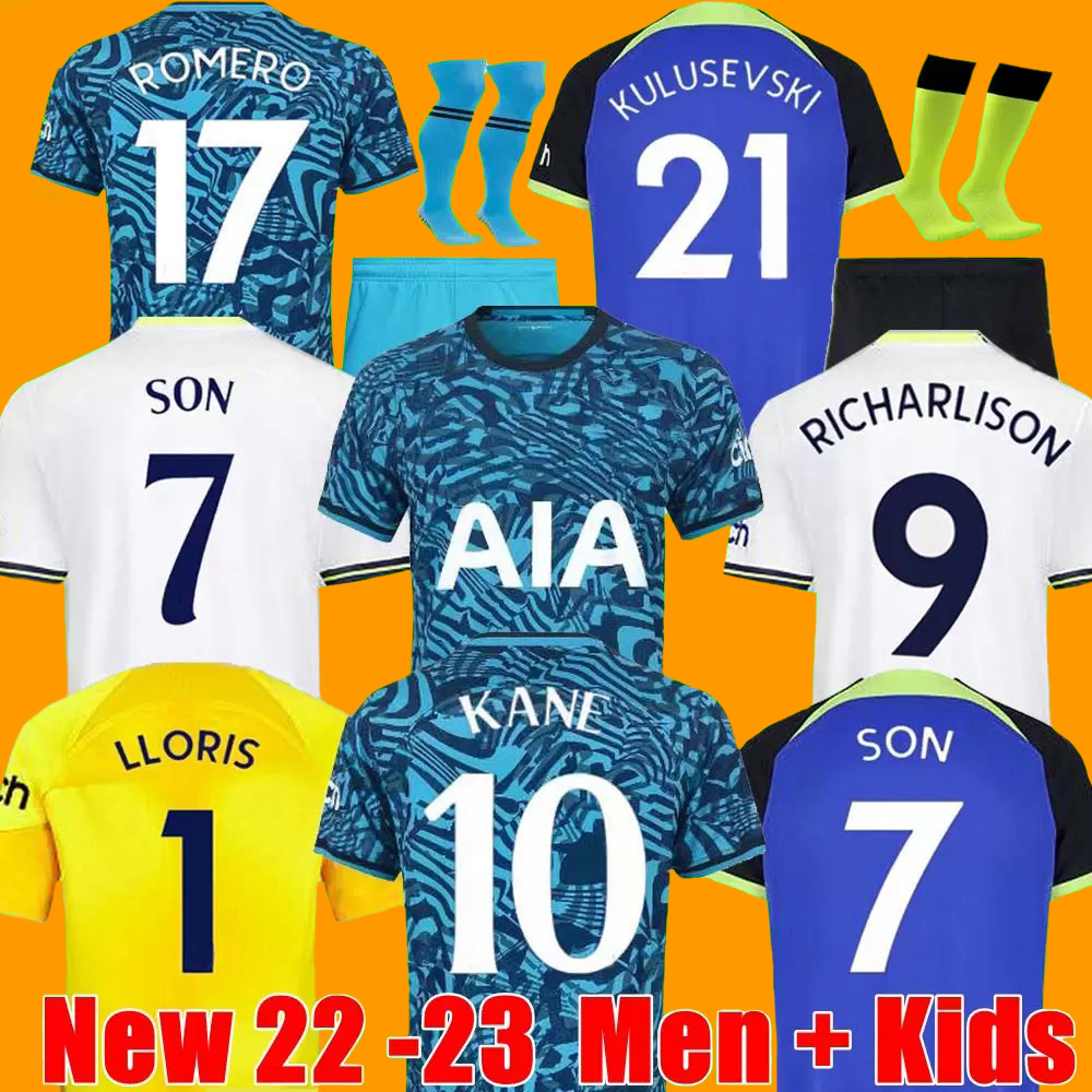 

KANE SON 22 23 RICHARLISON Soccer Jersey KULUSEVSKI HOJBJERG SPENCE PERISIC DIER 2022 2023 LUCAS ROMERO Tottenham Football kit shirt SPURS Third tops Men kids sets, 22-23 kids away socks
