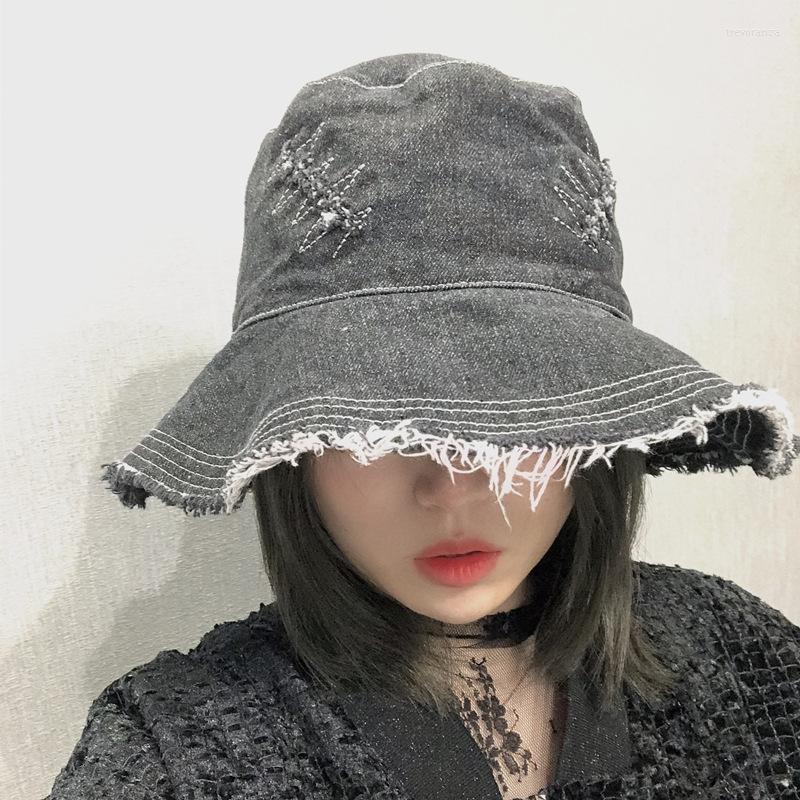 

Berets Fashion Washed Denim Dome Top Sun Bucket Hats Panama Women Caps Wide Brim Foldable Outdoor Travel Hat Anti-UV Beach Bonnet, Grey