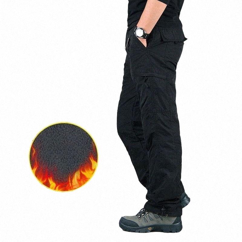 men's Pants Cargo Thick Fleece Multi Pockets Tactical Cotton Men Outwear Straight Casual Trousers For Winter1 v1ZC#