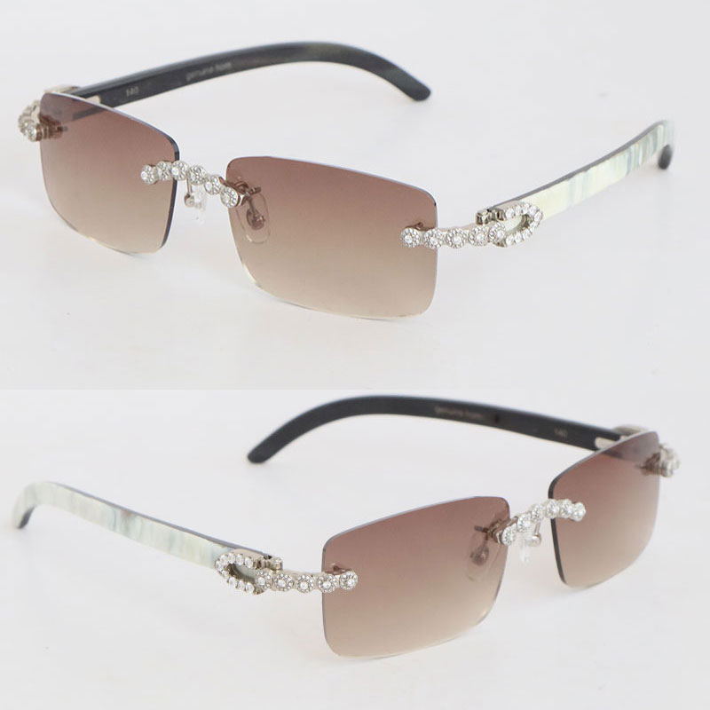 Model Hand-made Carats Diamond Set Rimless Sunglasses Womans White Inside Black Buffalo Horn Men Famous 8200757 Sun Glasses Male and Female 18K G-image-804885295