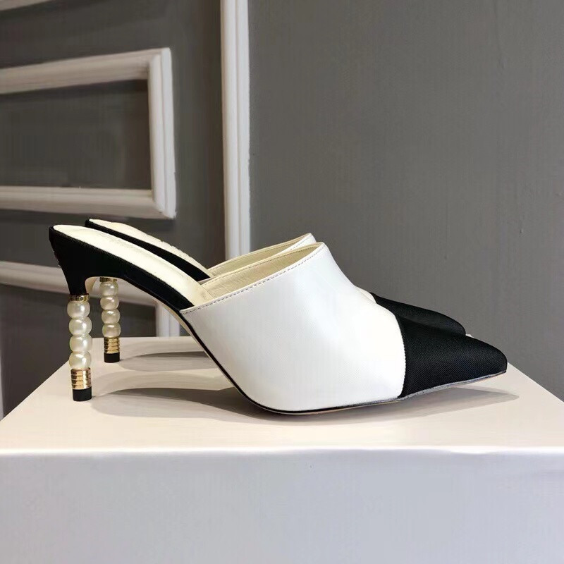 

Designer Heels Pumps Mules Slingback Dress Shoes Pearl Embellished Heel Womens Lambskin Real Leather High Stiletto Pump Mule Sandals Slippers for Party Wedding, 1 mule