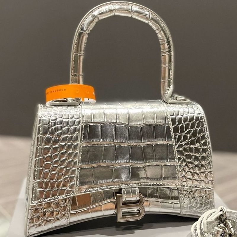 

designer bags balenciga 2022 Upgrade B Pair Headroom Cowhide Hourglass Crocodile Pattern Handbag Small One Shoulder Crossbody Mesh Red, High version bright silver