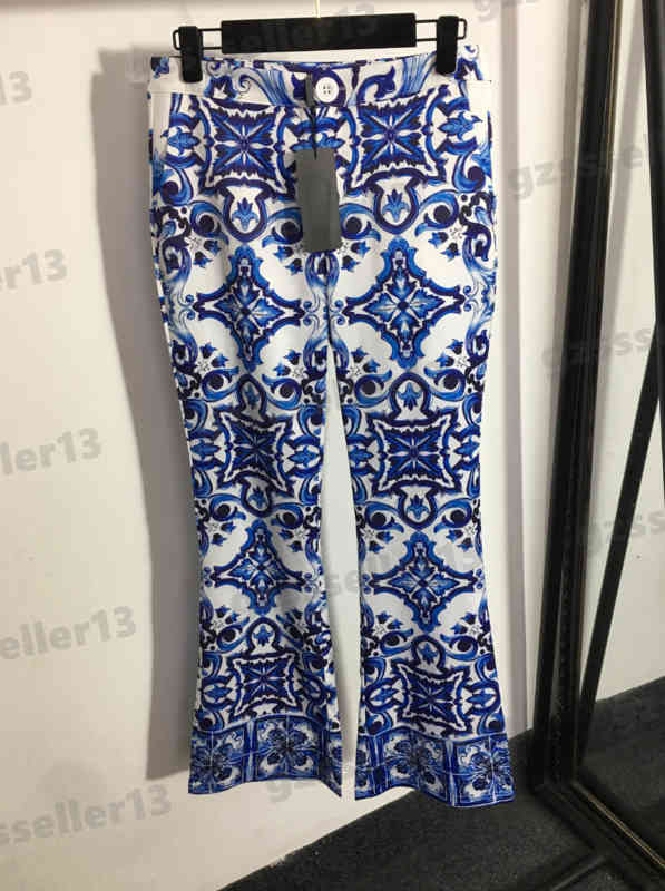 Pantalons Pour Femmes Mode Bleu Et Blanc Porcelaine Impression Pantalon Taille Haute Évasée Pantalon Décontracté Designer Femmes Vêtements
