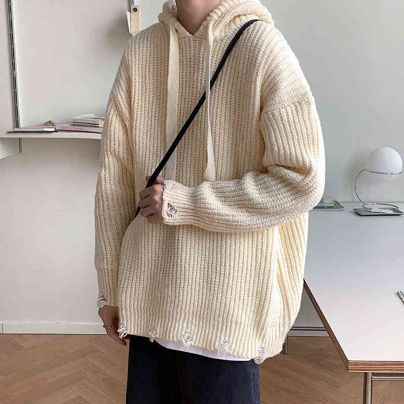 

Men's Sweaters Readable Autumn Winter Sweaters Men Casual Solid Hooded Sweater Male Loose Korea Knitted Sweaters Man J220915, My white