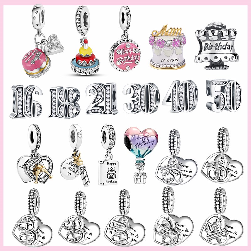 925 Silver Fit Pandora Charm 925 Bracelet Happy Birthday Cake Charm Birthday Best charms set Pendant DIY Fine Beads Jewelry-image-804635722