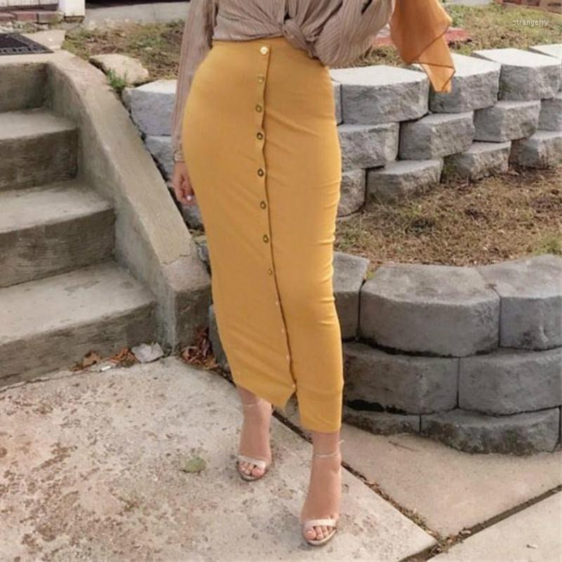 

Skirts 2022 Winter Autumn High Waist Muslim Buttons Bodycon Sheath Knitted Long Skirt Women Solid Femme Pencil Streetwear