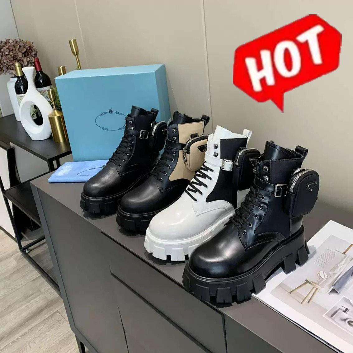 

Men Women Rois Boots Designer Ankle Martin Boot Leather Nylon Removable Pouch Bootie Military Inspired Combat Shoes Original Box Size 35-45