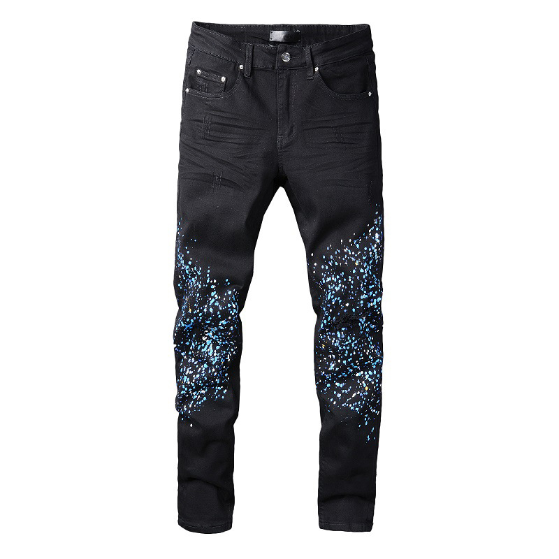 

Men's jeans street denim casual trousers micro-stretch cotton blue splash paint skinny black ripped jeans