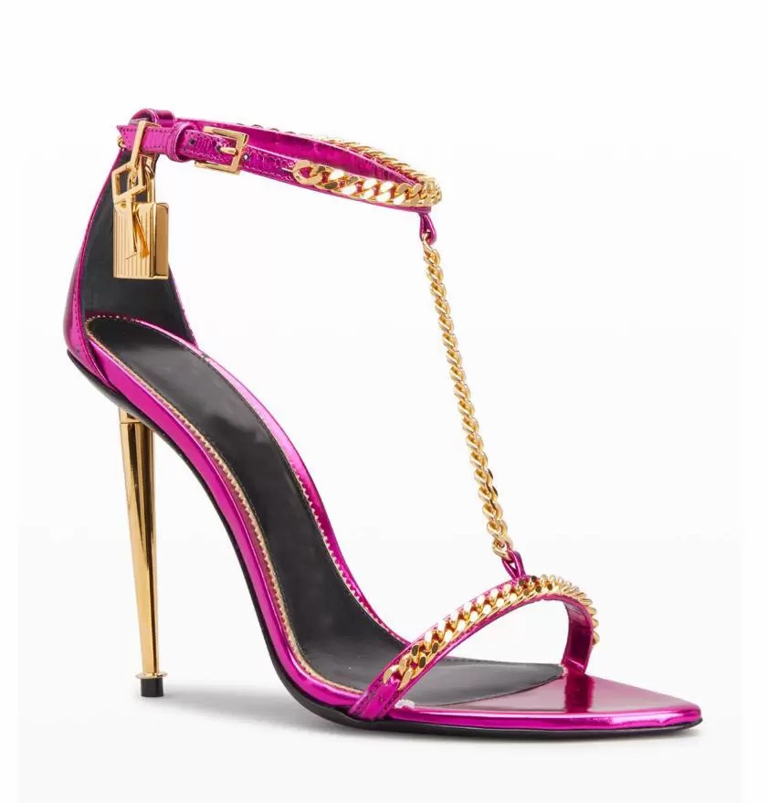 

Sandal Sandalias Shoes Lady High-Heeled Gladiator Gold Chain Link Padlock Pointy Naked Luxury Designer Party Wedding Summer Prefect Ford