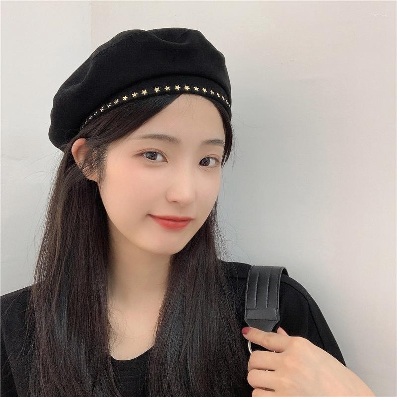 

Berets Women Caps Beret Girl French Artist Hat Metal Star Beanie Cap Vintage Plain Elegant Navy For Girls, Black