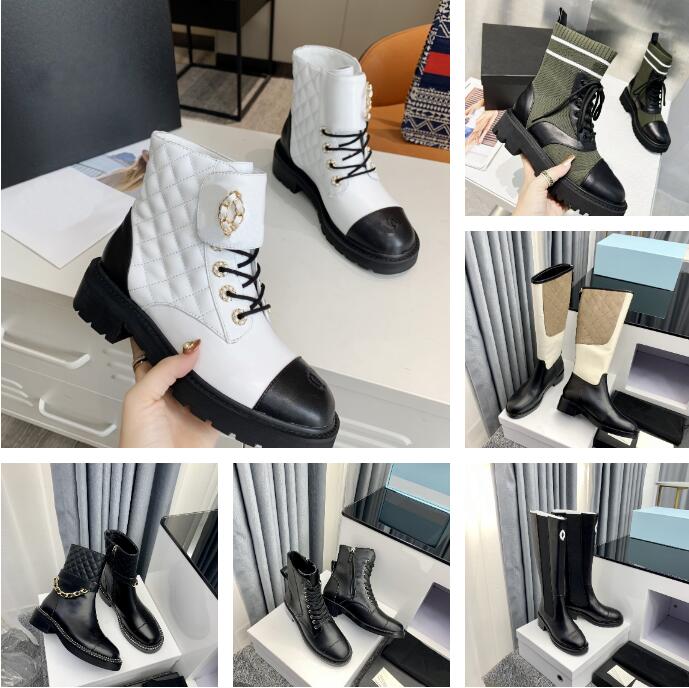 

Designer Women Boots Knitted Stretch Ankle Knee High Boot Fashion Leather Cowskin Martin Winter Black Booties Size 35-40, Color 35