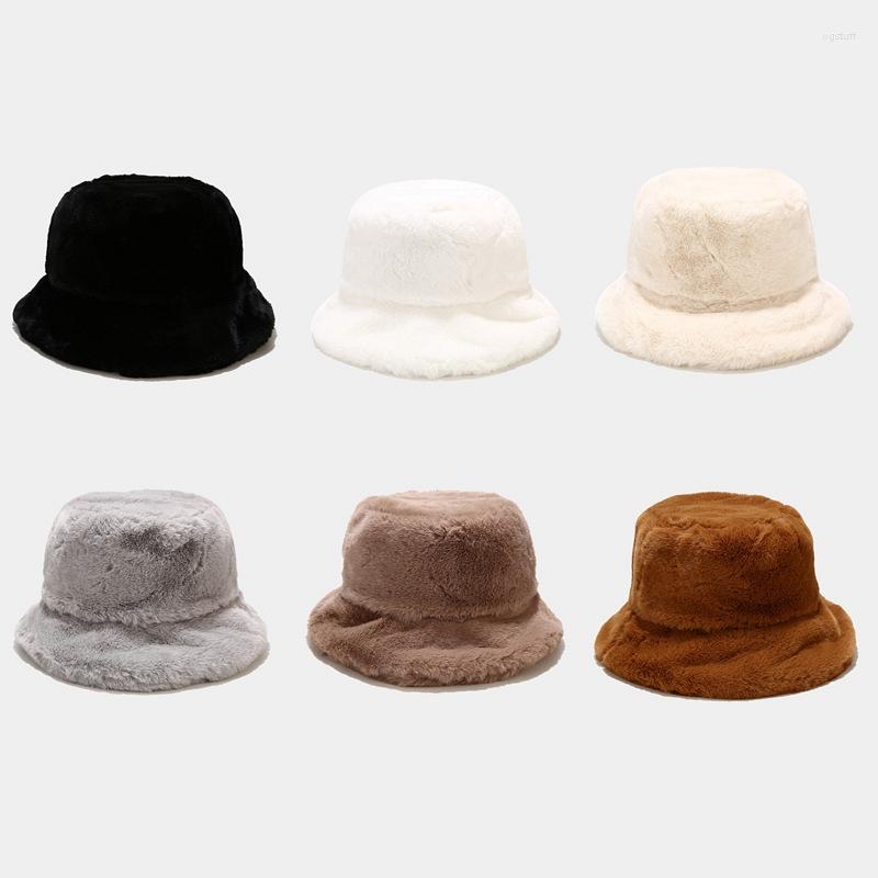 

Berets Winter Outdoor Vacation Lady Panama Black Solid Thickened Soft Warm Fishing Cap Faux Fur Bucket Hat Women Hairy Girl
