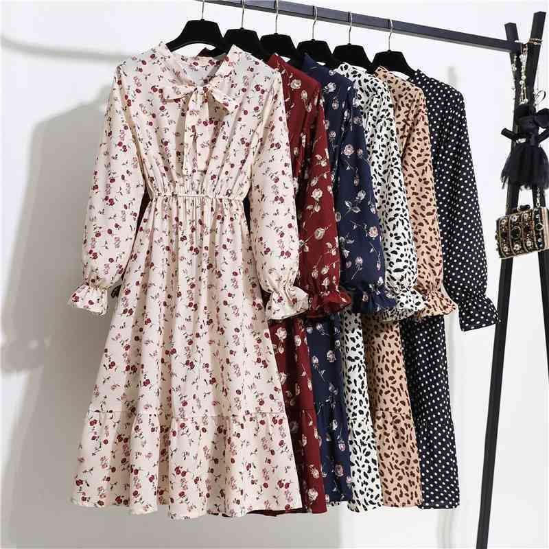 

Casual Dresses Floral Print Women Dress Female Autumn Long Sleeve Vintage Chiffon Bow Tie Neck Office Lady Shirt Dress Summer Vestidos T220919, 011