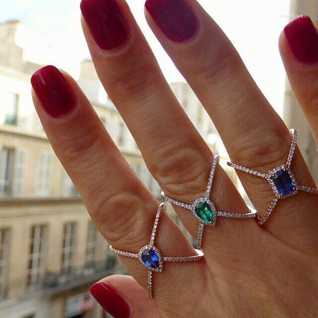 

Cluster Rings Water Drop Blue Green Cubic Zirconia Criss Cross X Ring Miro Pave Cz Full Finger Women Ladies Chic Gorgeous Jewelry