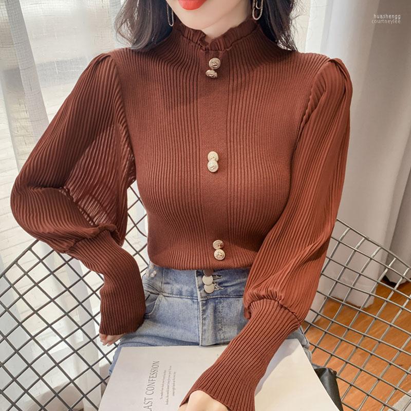 

Women' Sweaters Women' 2022 Autumn Winter Female Sweater Pleated Lantern Sleeve Stitching Knitted Vintage Tops Beading Black Brown