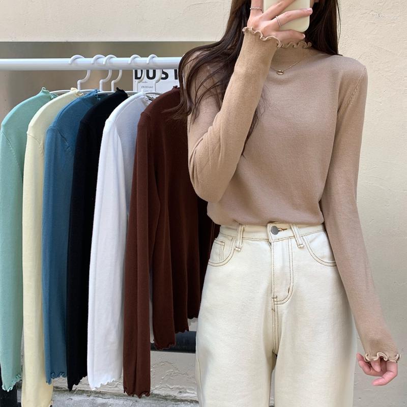 

Women's Sweaters Women's Winter Women Knitted Tops For Solid Ear Edge Long Sleeve Top Woman Half High Collar Clothing Female Basic, Black