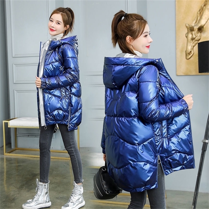 Women's Down Parkas Winter Jacket Women Glossy Cotton Hooded Parka Warm Female Padded Casual Outwear P985 220919