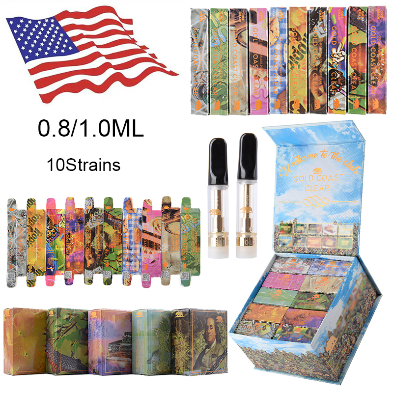 

GCC 0.8ml 1.0ml Atomizers USA Warehouse Gold Coast Clear Vapes Cartridges Packaging Empty Ceramic Coil Thick Oil Glass Carts Vaporizer 510 Thread E Cigarettes