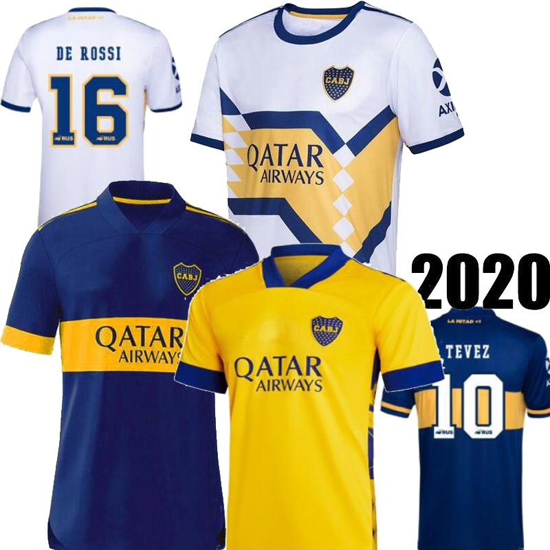 

20 21 Boca Juniors DE ROSSI Home Blue Away White Yellow Men soccer Jersey TEVEZ MARADONA ABILA Boca camisa de futebol football shirt 2021, Away with patches
