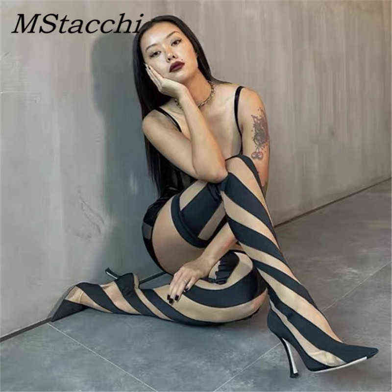 

Boots Elastic Fabric Women's Thigh High Boots Pointed Toe Heels Stiletto Shoes Over-the-knee Socks Demonia 220729, Green