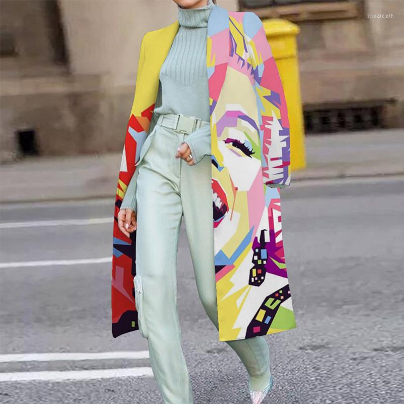 

Women' Wool Vintage Abstract Print Turn-Collar Overcoat Autumn Winter Warm Women Long Woolen Coats Fashion Office Ladies Casual Cardigan, 04 print