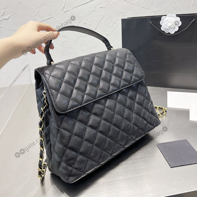 

French Vintage Designer Shoulder Bags Grained Cowhide Top Handle Tote Bag Large Capacity Golden Metal Chain Diamond Pattern Key Pouch Multi Pochette Handbags 31CM, Black