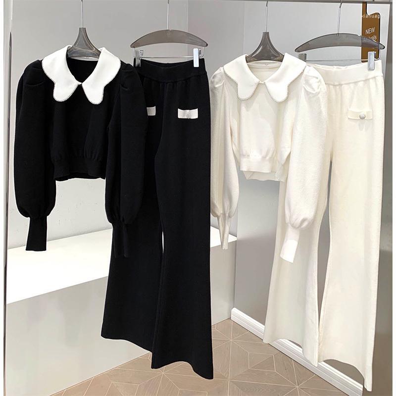 

Women' Two Piece Pants Women' 22 Spring Designer 2 Set Elegant Women Long Sleeve Butterfly Collar Knitted Top High Quality Elastic, Black