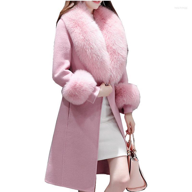 

Women' Wool Women' & Blends 2022 Woolen Coats Women Autumn Winter Coat Fashion Big Fur Collar Female Loose Casual Street Trench F194, Pink