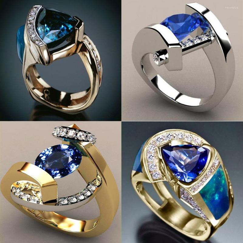 

Wedding Rings Luxury Female Crystal Blue Stone Ring Fashion Silver Gold Round Oval Promise Solitaire Engagement For Women