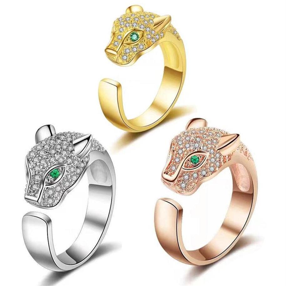 

Cluster Rings Luxury Unisex Crystal Inlaid Leopard Panther Head Green Eyes Micro-inlaid Zircon Opening Ring Party Jewelry Bijoux Gift2473