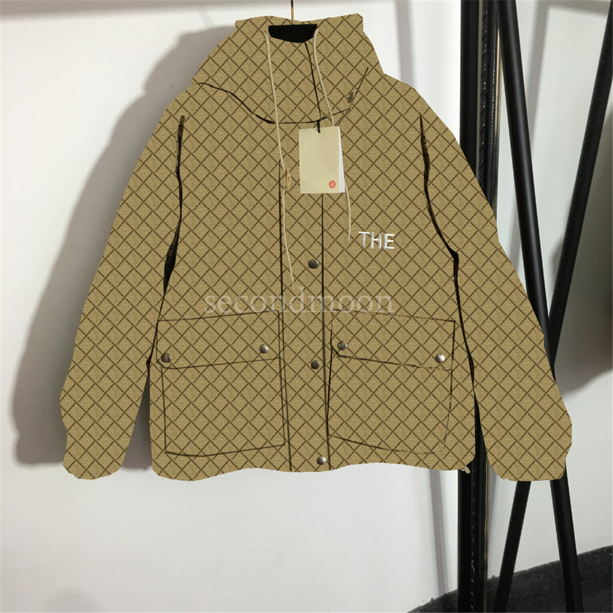 

Designer Letter Embroidery Jackets Women Windproof Cotton Jacket Winter Warm Thicken Coat Letter Jacquard Outerwear, Khaki