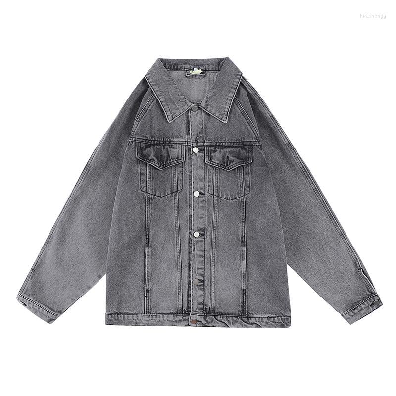 

Men's Jackets Men's Hip Hop Lapel Washed Retro Autumn Men's Jeans Harajuku Frayed Pockets Oversized Casual Windbreaker Denim Coat, Dark grey