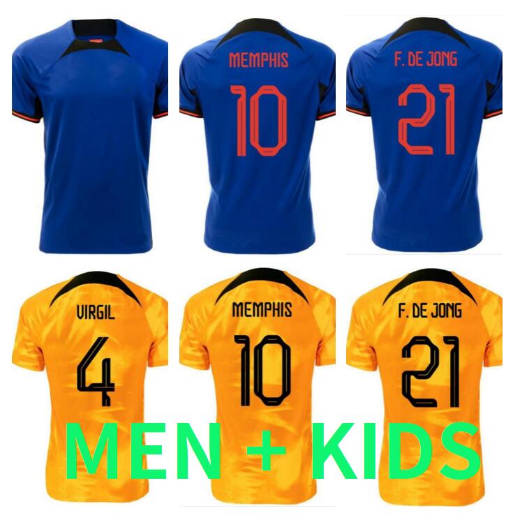 Pays-Bas Memphis Soccer Jersey 2022 De Jong Holland de Ligt Wijnaldum Van Dijk 222 23 Kirt de football Men Adult Kids Kit Dumfries