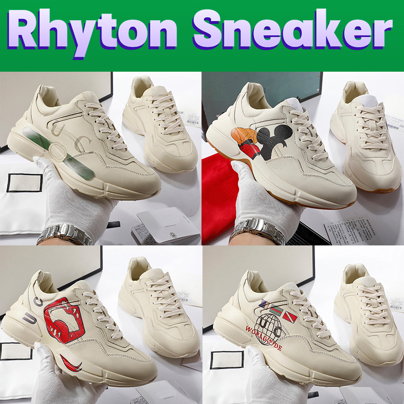 

Designer Sneakers Rhyton Casual Shoes Men Women Platform old daddy shoe mens Luxury Vintage Logo Chunky Sneaker Leather interlock web mouse printed Flat trainers, Shoes box