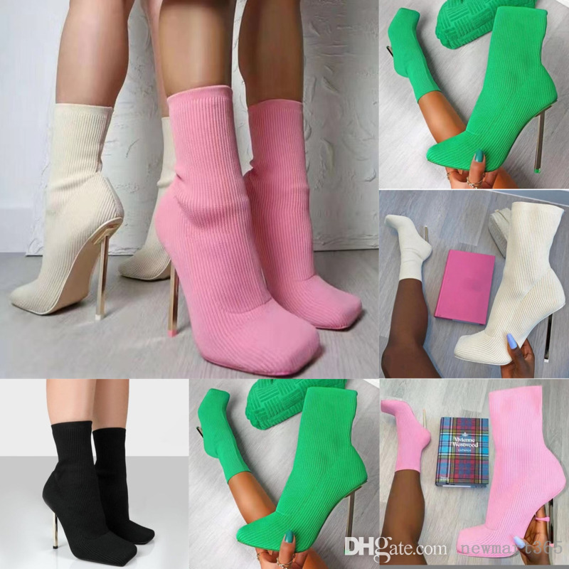 

Designer Women Knitted Socks Boots Woven Elastic Thin High Heels Medium Booties Square Head Shoes Wholesale, Pink
