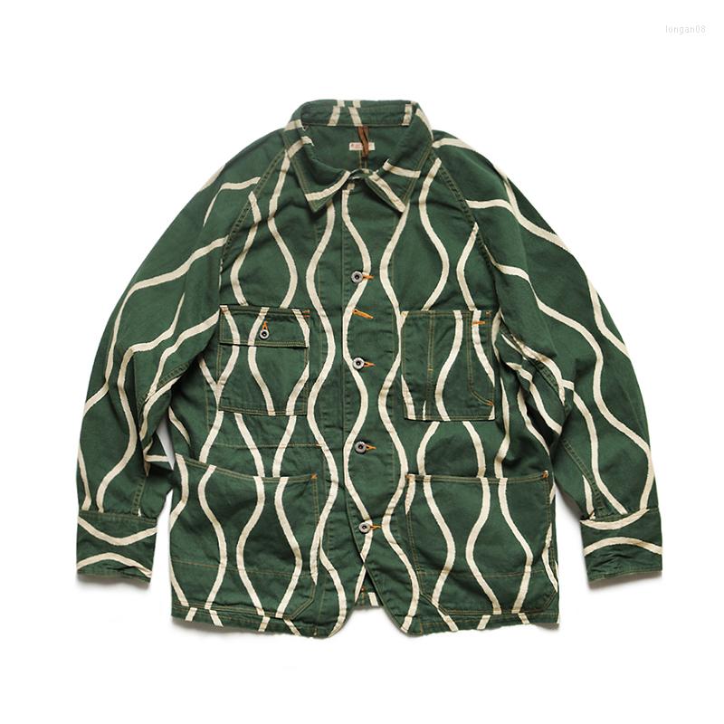 

Men's Jackets KAPITAL Hirata Hohiro Water Ripple Striped Discharge Dyeing Cotton Linen Canvas Green Women And Men Japan Style Printing
