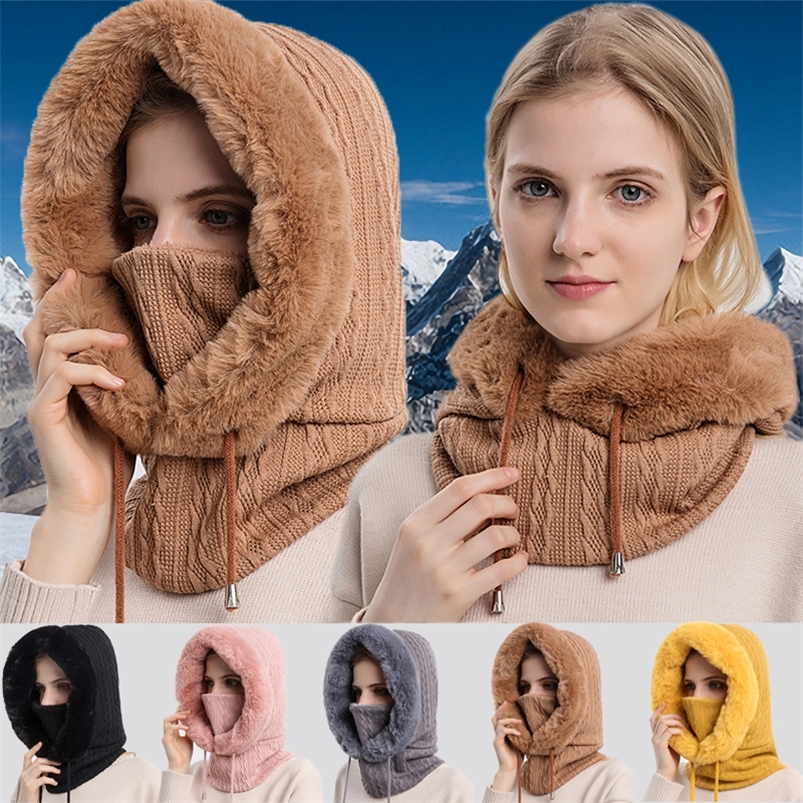 BeanieSkull Caps Femmes Tricoté Cachemire Fourrure Cap Masque Ensemble À Capuchon Pour L'hiver Chaud Russie Ski En Plein Air Coupe-Vent Chapeau É
