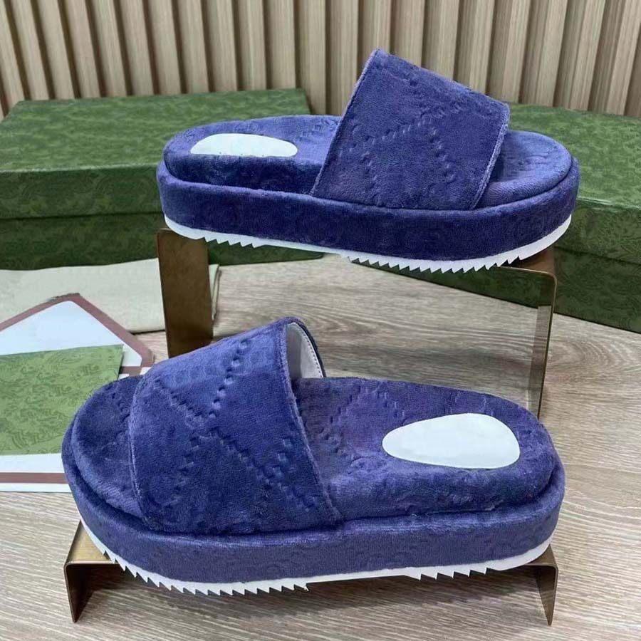 

Luxury brand Slipper Ladies platform velvet printed lettering embroidered couple sandals Designer Fashion beach slippers, #4
