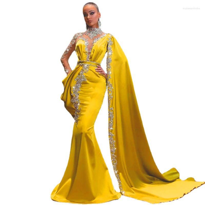 

Casual Dresses Gold Party High Neck Beaded Rhinestones Mermaid Prom Gown Cape Long Sleeves Satin Arabic Dubai, Yellow