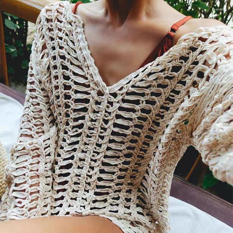 

Women's Swimwear Women's Rinabe Solid Knitted Outer Cover Sexy Hollow Out Tops 2022 Crochet Blusas Women Long Sleeve Smock Sunscreen, 01