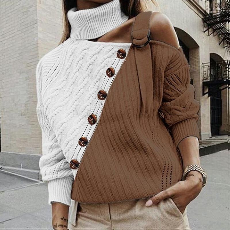 

Women's Sweaters Women's Winter Fashion Button Up Patchwork Sweater Knitted Top Women Sexy Off Shoulder Loose Turtleneck Long Sleeve, Fs