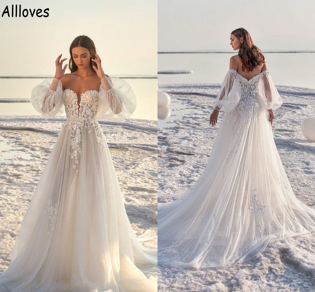 

Romantic Tulle A Line Wedding Dresses Boho Beach Off Shoulder With Detachable Long Sleeves Bridal Gowns Plus Size Lace Appliqued Sweep Train Robes de Mariee CL1168, Royal blue