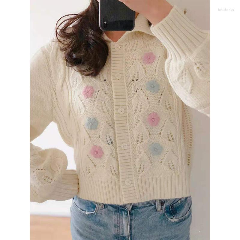 

Women's Knits Women Sweater 2022 Autumn And Winter Sailor Collar Flower Pattern Hollow Knit Long-sleeved Cardigan Women's & Tees, White