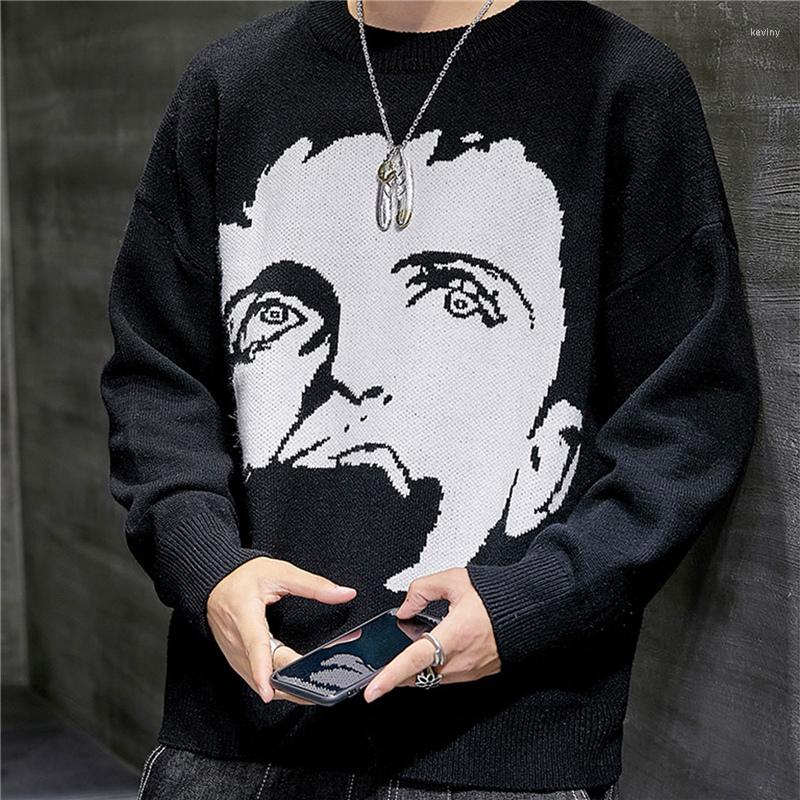 

Men's Sweaters Fashion Men Autumn Jumper Sweater Portrait O-Neck Long-Sleeve Knitted Loose Pullover Tops Boy Cool Korean Style 3 Colors, Black