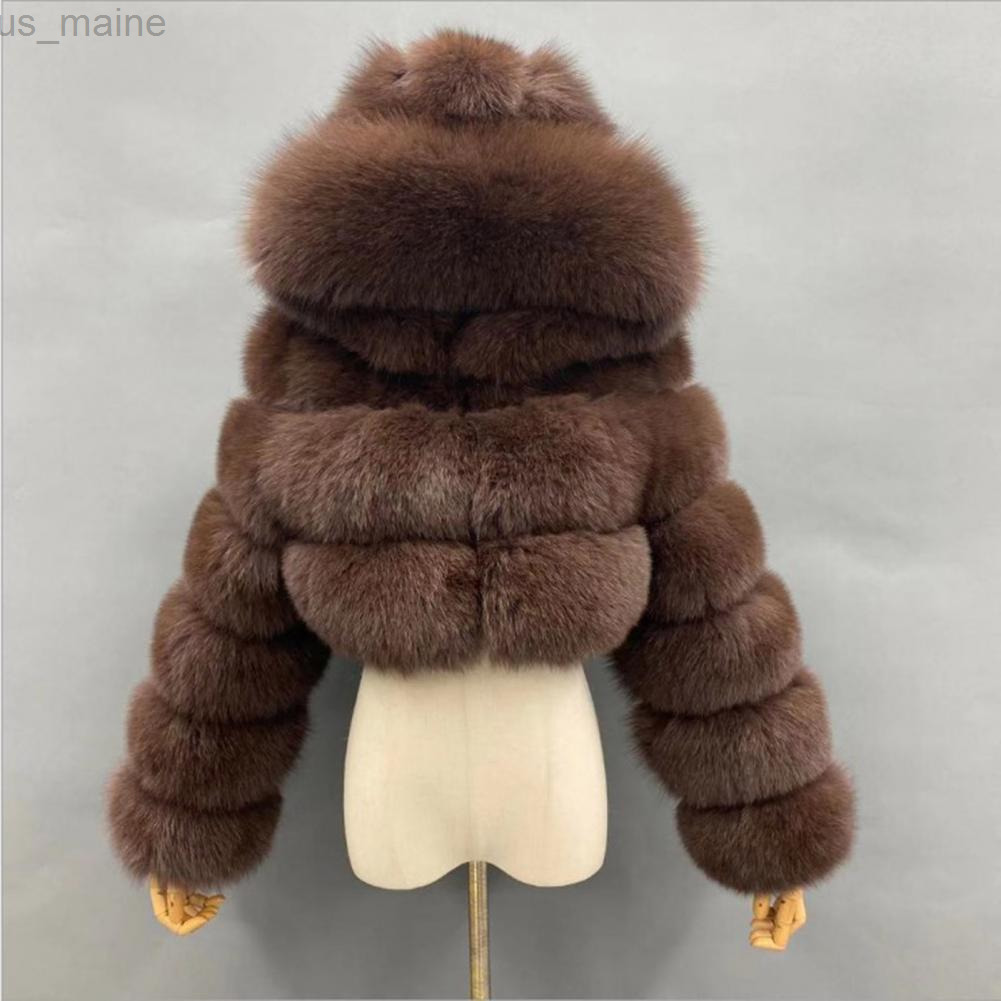 

Women's Fur Faux Fur Women Cropped Coat Warm Winter Cozy Plush Fluffy Long Sleeve Hooded Lady Jacket with Hooded casacos de inverno feminino L220920, Rose red