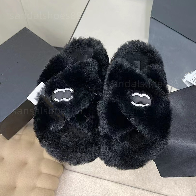 

Crossover Fur Slippers Sandals Womens Shearling Designer Fluffy Slides Faux Plush Slipper Grey Black Cream Soft Cozy Home Flip Flops Sandal for Ladies