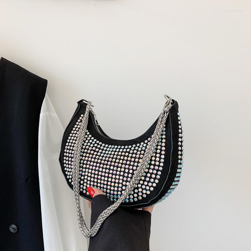 

Evening Bags Brand Designer Diamond Women's Shoulder Bag Fashion Chain Crossbody Half Moon Handbag 2022 Trend, Black