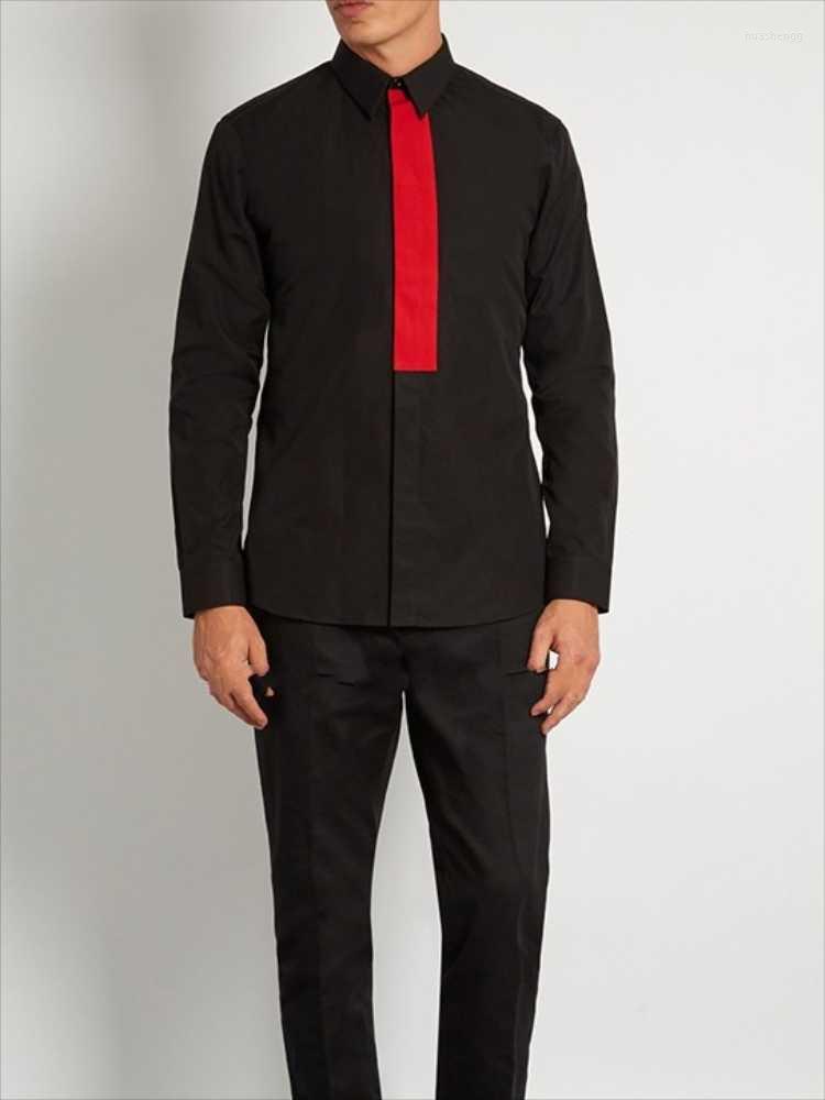 

Men' Casual Shirts Men' Spring And Autumn Black Red Dress Lapel Splicing Design Long Sleeve Shirt Square Collar Solid Color Slim Body