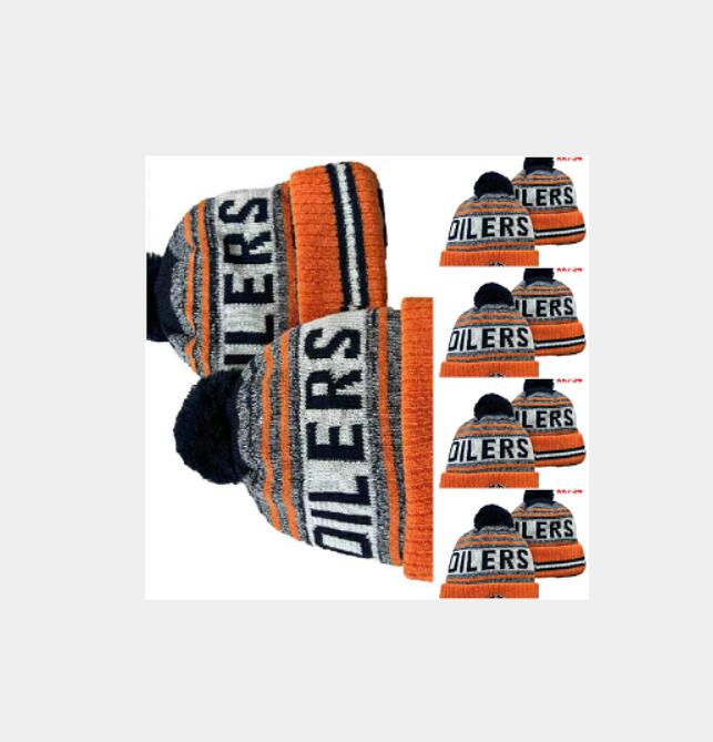 

Oilers Beanies Cap Wool Warm Sport Knit Hat Hockey North American Team Striped Sideline USA College Cuffed Pom Hats Men Women Bonnet Beanie Skull Caps
