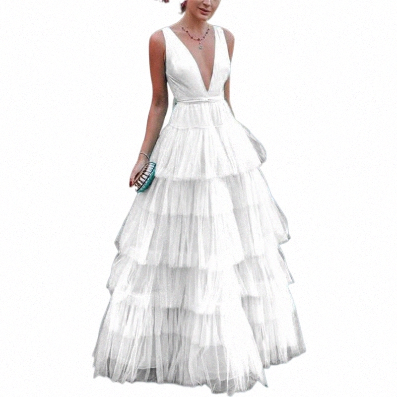 

casual Dresses Women V-neck Layer Ruffles Long Mesh Evening Party Night Dress Pink White Blue Organza Elegant Puff Vestido Tiered Ball Gown 125J#